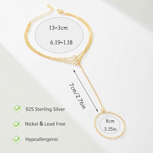 925 Sterling Silver Hand Chain Bracelet for Women,Non Tarnish 14k Gold Plated CZ Crystal Heart Starburst Ring Bracelets Hand Chain Dainty Diamond Layered Stackable Link Chain Beach Waterproof Graduation Wedding Gifts - color: Gold