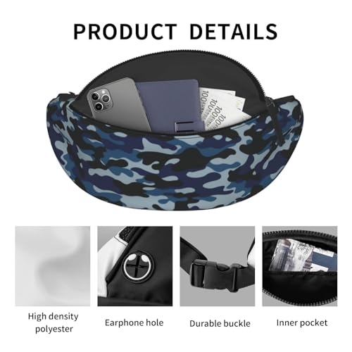 Army blue camouflage ocean texture dark Fashion casual fanny pack waist bag men women adjustable belt waist bag for travel hiking cycling running festival carnival - color: Black33