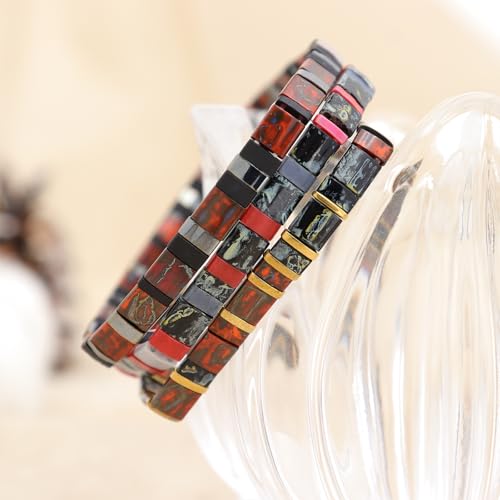 Sonateomber Tila Flat Beaded Stretch Stack Bracelets Set for Women, Trendy Stackable Colorful Glass Square Beads Bracelet Friendship Accessories Jewelry Gift - color: Gold Black Red Gray
