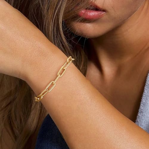 BENEIGE Women Bracelet 14K Gold Plated Paperclip Satellite Bead Ball Oval Cuba Cable Box Chain Daily Charm Layered Link Silver Bracelets Adjustable Jewelry - style: Paperclip Mote Ring