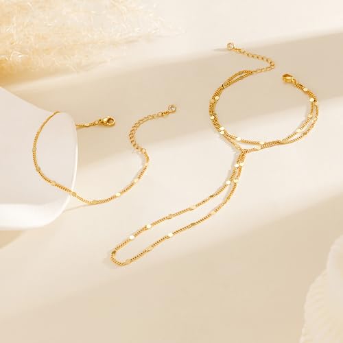 Hand Chain Bracelet for Women Trendy, Dainty Silver Beaded Finger Ring Bracelet Non Tarnish Minimalist Adjustable Simple Cute Silver Bracelets Waterproof Fashion Jewelry - color: Gold-05