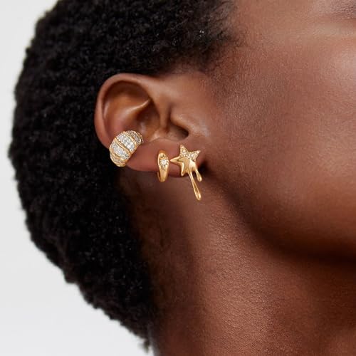 DREMMY STUDIOS Women Ear Cuff Non Piercing | 14K Gold Plated Cubic Zirconia Fake Earrings Wrap Clip on Cartilage Earring | Lightweight Hypoallergenic Jewelry SINGLE EAR CUFF - style: Ear Cuff-3