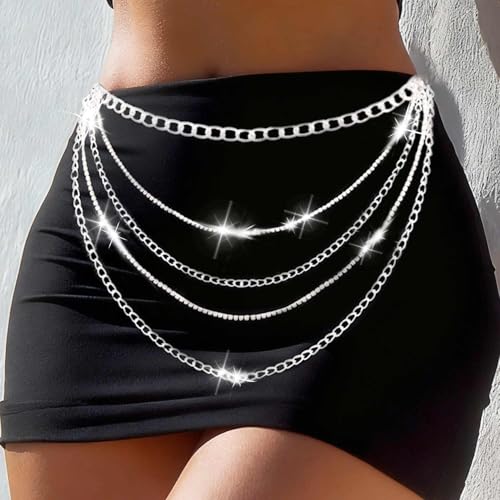 Nicute Gold Chain Belt Layered Waist Chain Sparkly Body Chain Jewelry for Women - color: Silver