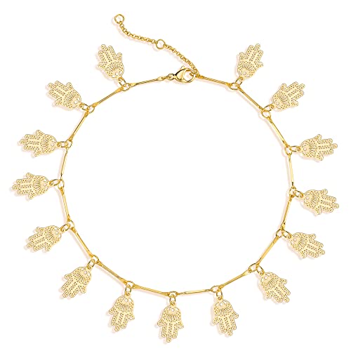 MTMY Gold Anklets for Women 14K Gold Plated Tiny Bead Anklet Colorful Tassel Foot Chain Dainty Adjustable Cute Summer Beach Boho Anklets Jewelry Gift - style: hamsa