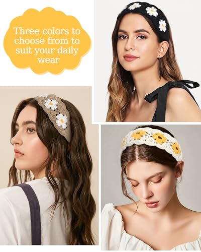 HAIMEIKANG Hippie Hair Bandanas Headbands for Women Boho Headband Knit Hair Bands Floral Head Wrap for Girls(Black+Coffee+Beige) - color: Black+Coffee+Beige