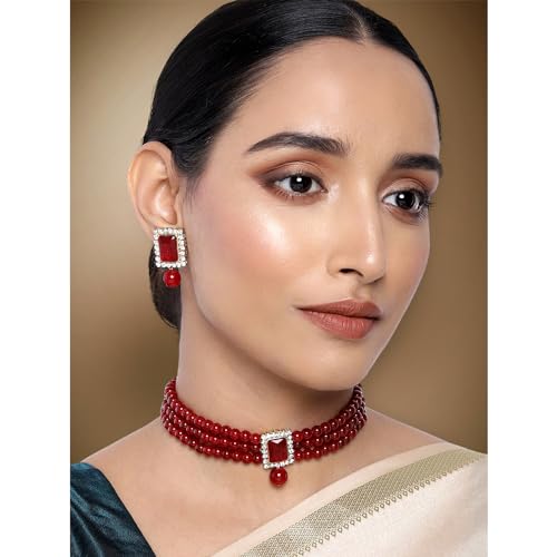 Aheli Ethnic Choker Necklace Earrings Wedding Bollywood Party Jewelry Set Gift for Women - color: Maroon 2