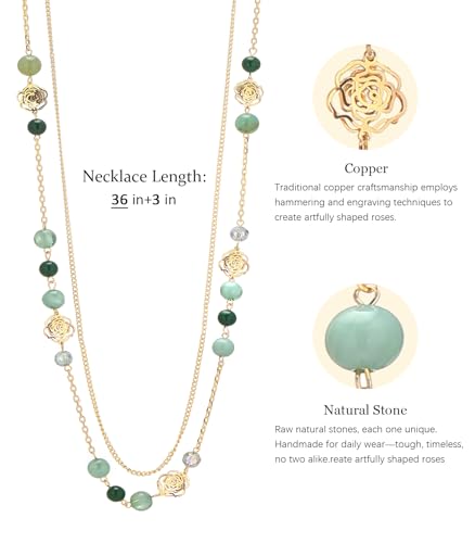 FULU AUTUMN Boho Gold Long Necklaces for Women Natural Stone Beaded Layered Long Necklace Mothers Day Gifts Dainty Flower Costume Jewelry for Women - color: Jade Green