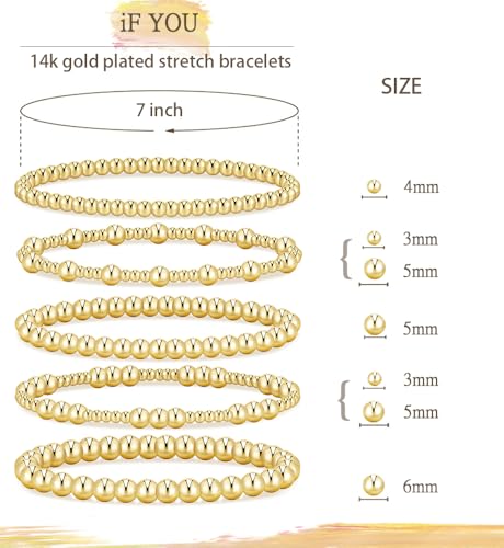 Gold Beaded Bracelets for Women, 14K Real Gold Plated Jewelry for Women Dainty Pearl Bead Bracelets Stack, Non Tarnish Trendy Stackable Ball Cross Stretch Bracelet Set Fashion Accessories Gifts - color: 5 PCS gold bead
