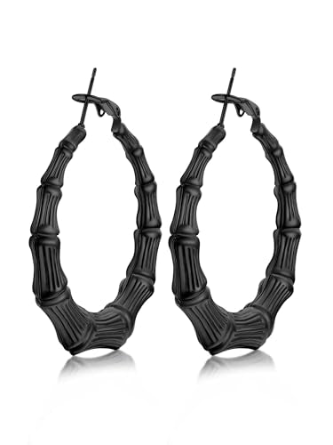 KeyStyle Bamboo Hoop Earrings for Women, Stainless Steel 90s Hoops Earring Lightweight Loops for Party, 2 mm Thick Hypoallergenic Vintage Circle Endless Thin Hoop (40mm, 60mm, 80mm,) - color: Black Plated-40mm