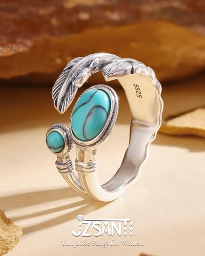 Turquoise Jewelry for Women - Sterling Silver Turquoise Rings Vintage Adjustable Sunflower Dragonfly Butterfly Spoon Ring Victorian Style Boho Antique Flower Thumb Statement Rings Jewelry Gifts for Women - color: Turquoise & Feather C