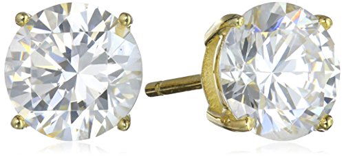 Amazon Essentials Plated Sterling Silver Cubic Zirconia Stud Earrings (Round & Princess) - color: White/Yellow Gold, size: 8 mm, style: Round Cut