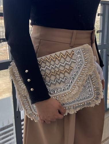 Handcrafted Boho Clutch Purse, Beaded Geometric Pattern with Fringe, Crossbody Evening Bag - color: Taupe and Gold
