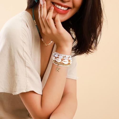 Shell Bracelet Seashell Boho Beaded Stretch Bracelets for Women Summer Beach Bracelets Starfish Charm Bracelet Stackable Gold Plated Bracelets Set for Women - color: a-shell bracelet