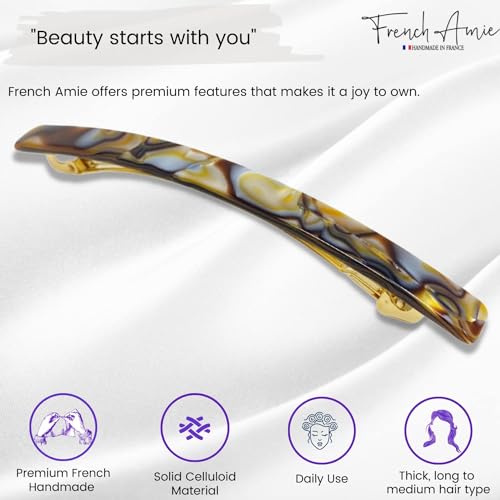 French Amie Long and Skinny Bar Silver Onyx Grey Large 4 1/4" Celluloid Acetate Handmade Automatic Hair Clip Barrette with No Slip Sturdy Silver Clasp for Women and Girls, Made in France (Onyx Grey) - color: Onyx Grey