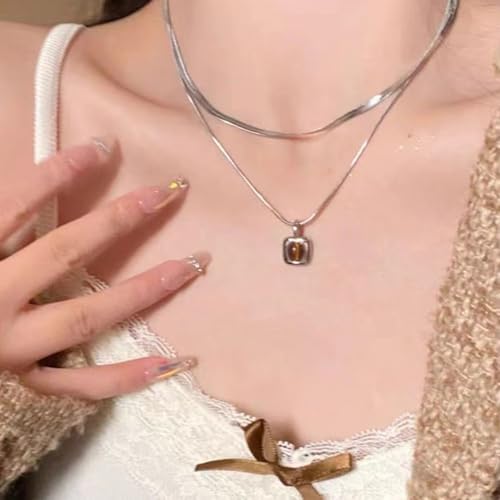 Gold Necklaces for Women Gifts - 14K Gold Plated Necklace for Women Necklaces for Her Tiny Fashion Jewelry for Teens，for Women Friends Jewelry Gifts，Necklace Gold Jewelry Birthday Gifts - style: Double layered tiger eye stone pendant necklace