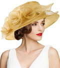 Women's Kentucky Derby Church Dress Hat Wide Brim Leaf Flower Bridal Shower Hat - color: A1 Gold