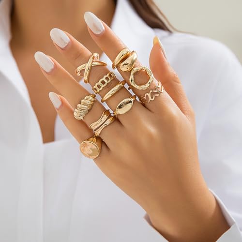 INENIMARTJ Boho Rings for Women Teen Girls,Gold Stacking Rings Set Vintage Knuckle Stackable Moon Star Snake Butterfly Heart Flower Leaf Top Finger Rings - color: 554-F