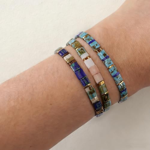 Tila Flat Square Stack Beaded Bracelets Set for Women Men, Boho 3Pcs Romantic Handmade Healing Gold Colorful Stretch Accessories Jewelry, Daily Vacation Party Holiday Friendship Gift - color: Blue Peach