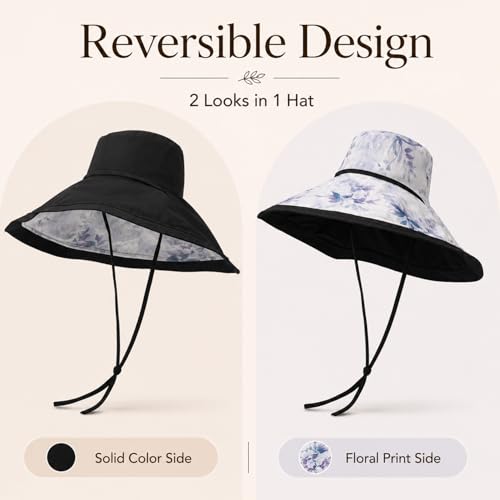 Wide Brim Sun Hat for Women Reversible Beach Hats Metal Wired Edge Gardening Hats, UPF 50+ Bucket Summer Hat - color: Black Floral