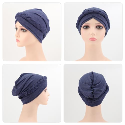 DRESHOW Turban Pre-Tied Twisted Hat Thread African Head Wraps for Black Women Chemo Cancer Cap Braid Hair Cover - color: 1 Pc Twisted Braid: Light Navy Blue
