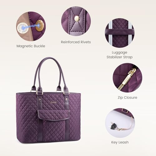 LOVEVOOK Laptop Tote Bag for Women 15.6 Inch,Waterproof Computer Bag for Laptop for Womens,Quilted Travel Work Tote Bags for Women,Stylish Laptop Bag Purse with Luggage Sleeve for Teacher,Nurse,Office - color: Purple(quilted)-2, size: 15.6 Inch