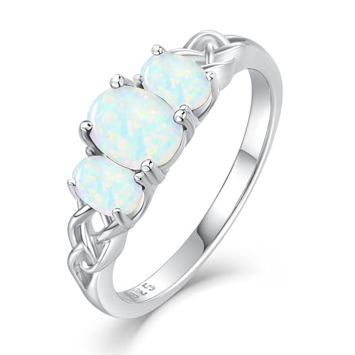 Celtic Birthstone Rings for Women 925 Sterling Silver Celtic Knot Ring 3-Stone Promise Rings for Her Wife Birthday Anniversary Wedding Jewelry - color: 13-Opal