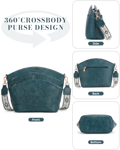 Crossbody Bags For Women, Vegan Leather Crossbody Purses with Boho Strap, Daily Travel Shoulder Handbag - color: Peacock Blue