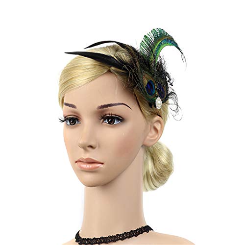 Fascinator Peacock Feather Hair Clips Flapper Headband Art Deco 20's Accessories for Women - color: 03green