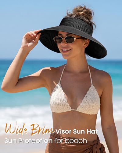 Womens Sun Visor Hats Wide Brim Straw Beach Hat UV Protection Ponytail Packable Beach Vacation Essentials - color: Black