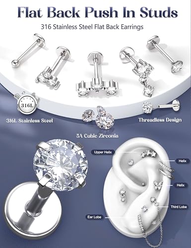 LOLIAS 16G/18G/20G Flat Back Earrings for Women Threadless Surgical Steel Stud Hoop Earrings Push in Nose Studs Hypoallergenic CZ Cartilage Earring Set Labret Helix Tragus Conch Piercing Jewelry - color: Silver, size: 20G(0.8MM)-CZ