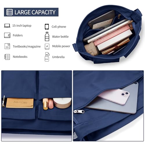 KALIDI Canvas Tote Bag Large Hobo Crossbody Shoulder Handbag Zipper Messenger Bag for Women or Men Casual College Work - color: Upgraded Deep Blue