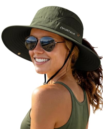 FURTALK Womens Sun Hat with Ponytail Hole Beach Hiking Summer Wide Brim UPF 50+ Outdoor Protection Foldable Bucket Hat - color: Green