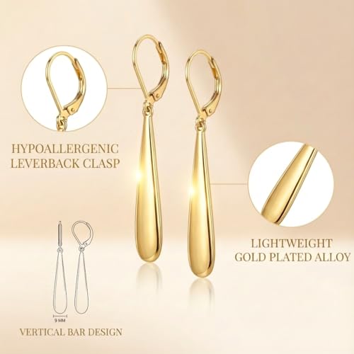Leverback Dangle Drop Earrings for Women, Hypoallergenic Lightweight Minimalist Jewelry, Fashion Gift for Her, Birthday Anniversary - color: B-Gold
