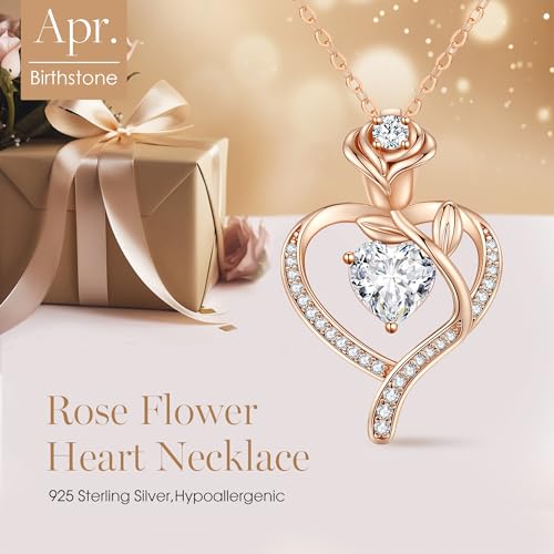 LOUISA SECRET Rose Flower Heart Birthstone Necklaces for Women, 925 Sterling Silver Jewelry, Pendant Heart Necklaces Birthday Anniversary Christmas Gift for Women Wife Mom Girlfriend Lady - color: Rose Gold-04-Apr