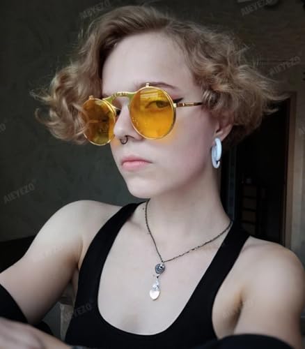 AIEYEZO Round Flip Up Sunglasses for Men and Women Rave Flip Glasses 90's Retro Steampunk Style - color: Gold/Clear Yellow