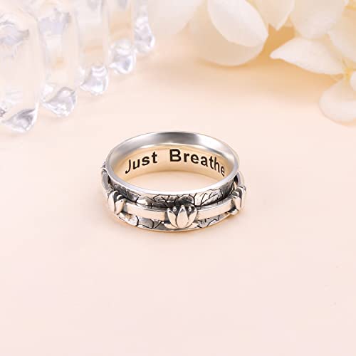 Ladytree Spinner Fidget Ring Sterling Silver Thumb Band for Women Anxiety Ring Platinum Plated Worry Stress Relief Just Breathe Boredom ADHD Autism Rings Boho Jewelry Gift - color: J-wide band oxidized lotus