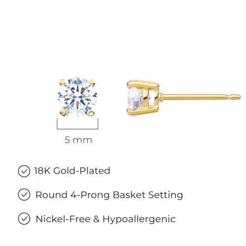 Amazon Essentials Plated Sterling Silver Cubic Zirconia Stud Earrings (Round & Princess) - color: White/Yellow Gold, size: 5 mm, style: Round Cut