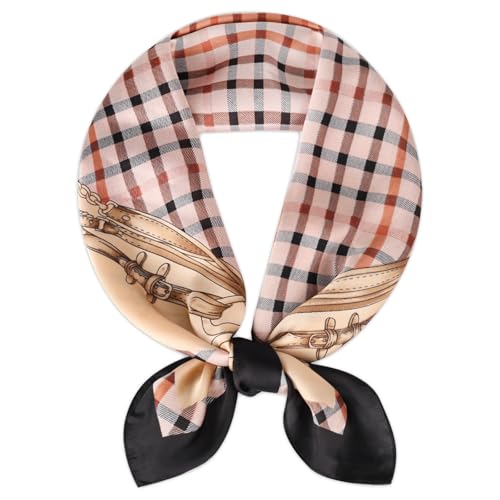 Relang Fashion Silk Satin Head Scarf for Women Hair Bandana Hair Scarf Wrap Neck Scarf for Women 27.5×27.5 inches - color: Checkered Chain Black Coffee