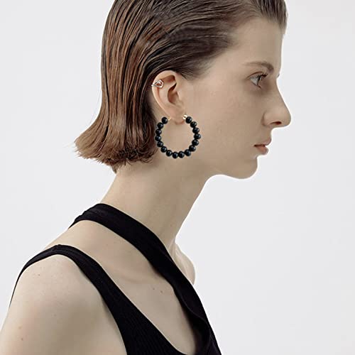 Handmade Nature Wooden Beaded Hoop Earrings Bohemian Minimalist Colorful Circle Round Wood Bead Earrings Vintage Chic Wooden Ethnic Dangle Drop Earrings for Women Statement Jewelry Gifts - color: Black