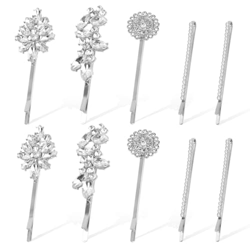 10 Pieces Rhinestone Hair Clips, Crystal Bobby Hair Pins Decorative Rhinestone Hair Barrettes for Wedding, Leaf Feather Sunflower Hair Clips Metal Hair Accessories for Women,4 Styles (silver) - color: silver