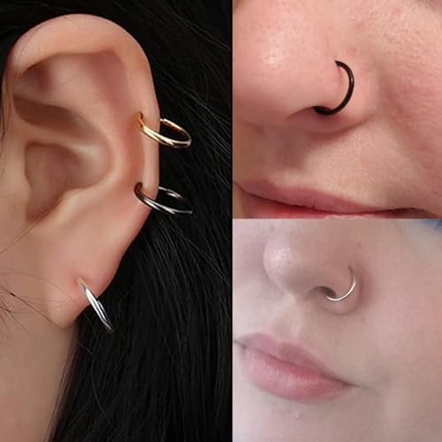 MODRSA Fake Nose Stud Fake Nose Ring Stud Fake Nose Piercing Fake Lip Ring Fake Earrings Stud Silver Gold Fake Cartilage Helix Earring Clip on Earring Hoop Fake Eyebrow Ring Fake Bridge Piercing - color: 2-2 style studs+hoops- silver gold black