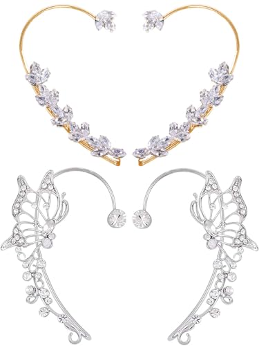 2Pcs Rhinestone Butterfly Earrings Ear Cuffs Non-Pierced Fake Earrings Butterfly Climber Wrap Around Earring Dainty Adjustable Ear Clip Jewelry for Women - color: StyleB-2 Pairs-Silver&Gold