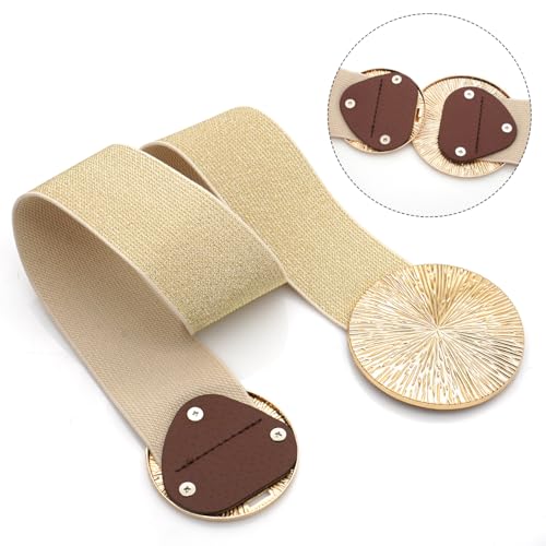 Women Wide Stretchy Waist Belts Elastic Cinch Belt for Dresses - color: Bling Beige Band Gold Buckle, size: Fit Waist 26"-28"