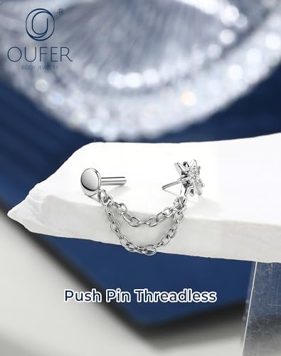 OUFER 16G Chain Cartilage Piercing Jewelry-316L Surgical Steel Gold Flat Back Push Pin Helix Earring, Star Clear CZ Double Chain Lobe Piercing Jewelry - style: Star-Silver