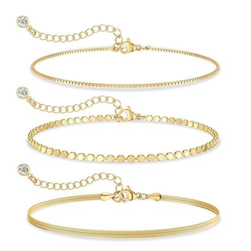 DEARMAY Sterling Silver Plated Bracelets Set for Women Waterproof, Non Tarnish Sterling Silver Link Chain Bracelets Pack Dainty, Fashion Jewelry Gifts for Everyday Comfortable - color: 3Pcs Silver Bracelet B