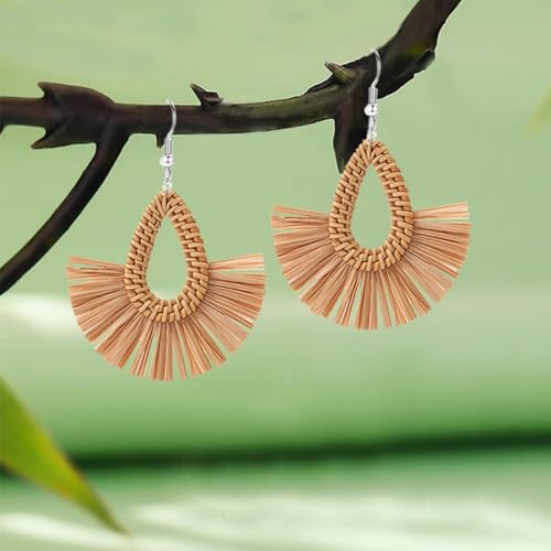Boho Summer Beach Earrings for Women Lightweight Straw Wicker Earring Statement Raffia Fan Round Tassel Dangle Drop Earrings Hawaii Jewelry - style: Brown Teardrop