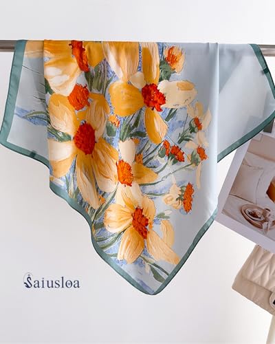 Saiusloa Neck Scarf For Womens Silky Head Scarves Hair Bandanas Square Scarf Fashion Accessories lightweight - color: 14-orange Wildflowers