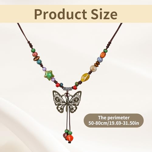 Boho Necklace for Women,Vintage Butterfly Pendant Necklaces,Adjustable Wooden Beads Layered Braided Choker,Fashion Tribal Style Leather Rope Necklace Jewelry,Chunky Statement Gift for Women - color: Colorful6
