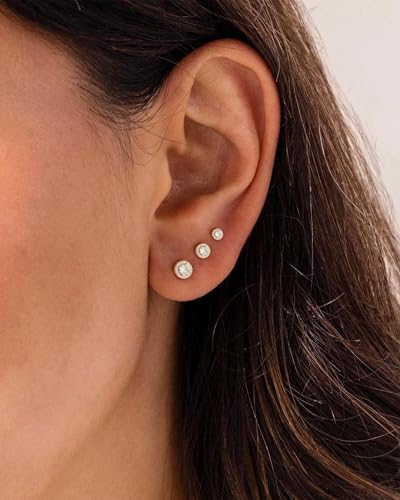 3 Pair Tiny Flat Back Earrings for Women - 14K Gold/White Gold Plated Dainty Cute Small Screw Flatback Stud Earring, Everyday Wear Gift - color: diamond gold
