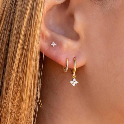 3 Pairs Small Earring Stacks, 14K Gold/Silver/Black/Rose Gold Plated Pearl Heart Butterfly Star Diamond Charm Drop Huggie Earrings Trendy Jewelry Gift for Women - color: Gold-Four Leaf